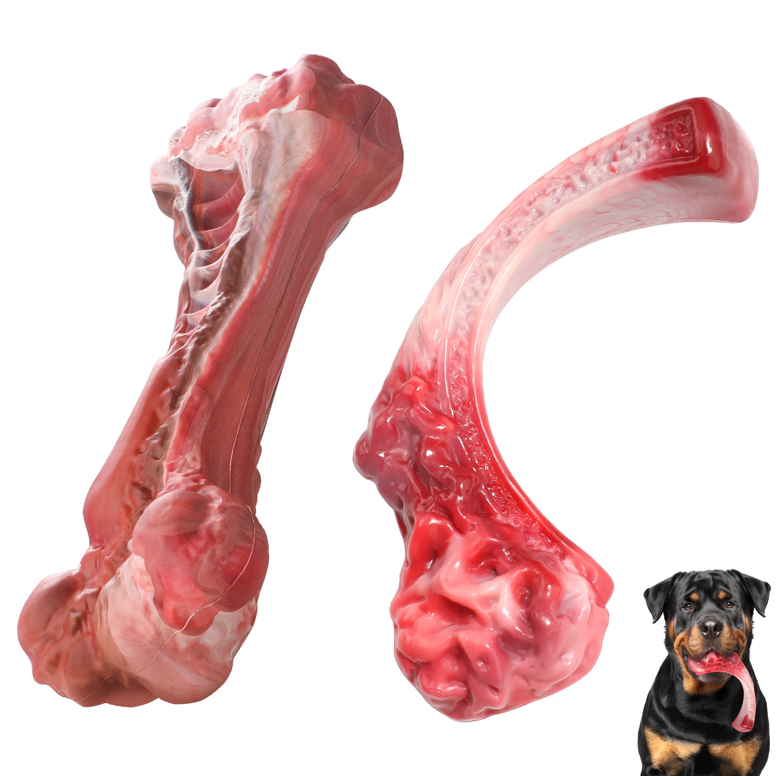 PcEoTllar Dog Toys for Aggressive Chewers, 1 Rubber & 1 Nylon Dog Chew Bones, Large, Pink, 2 Pack