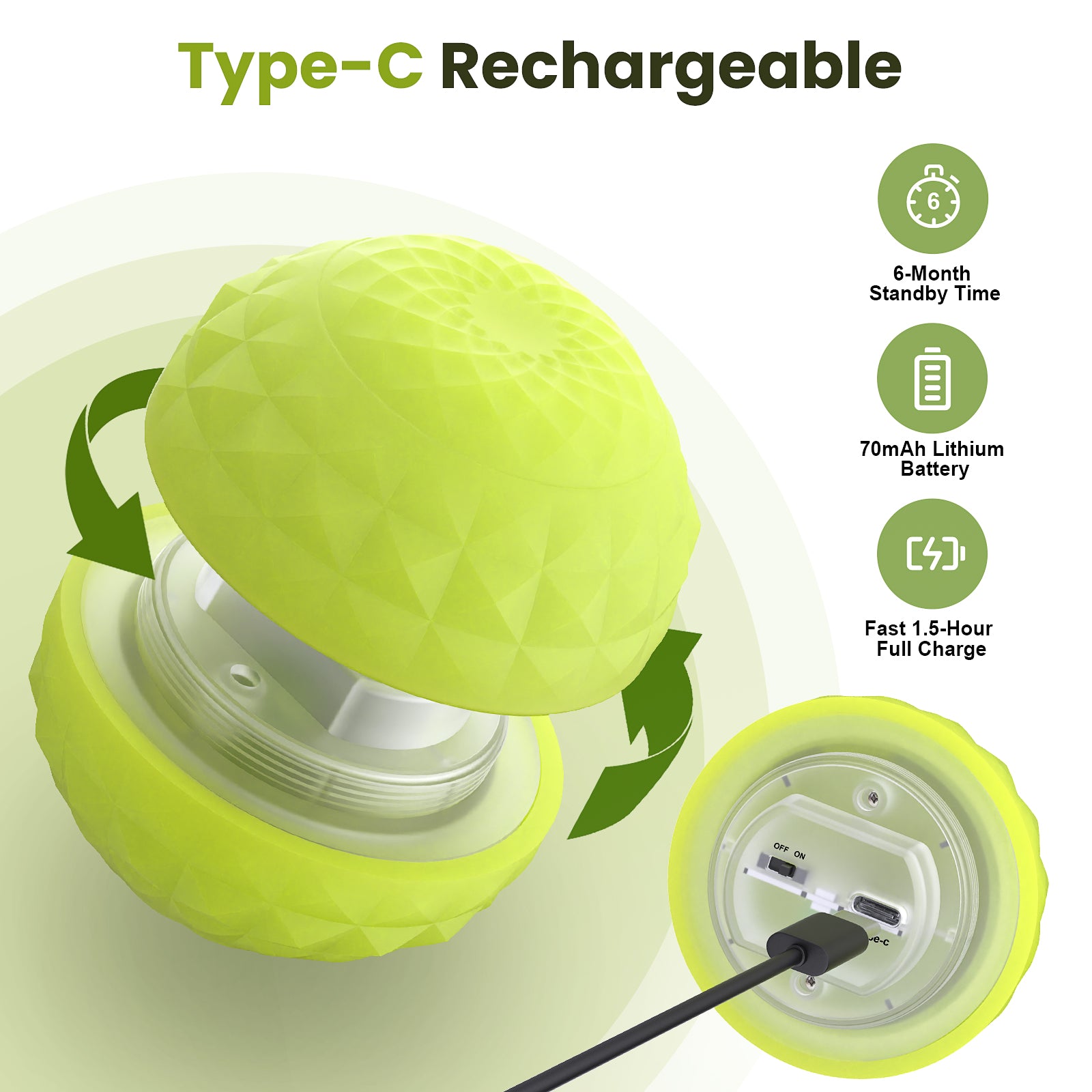 Light Up Dog Ball, Rechargeable LED Dog Toy Ball, Waterproof Durable Fetch Ball Grow in The Dark, Night Glowing Toy, Natural Rubber, Color Changing LED, Green