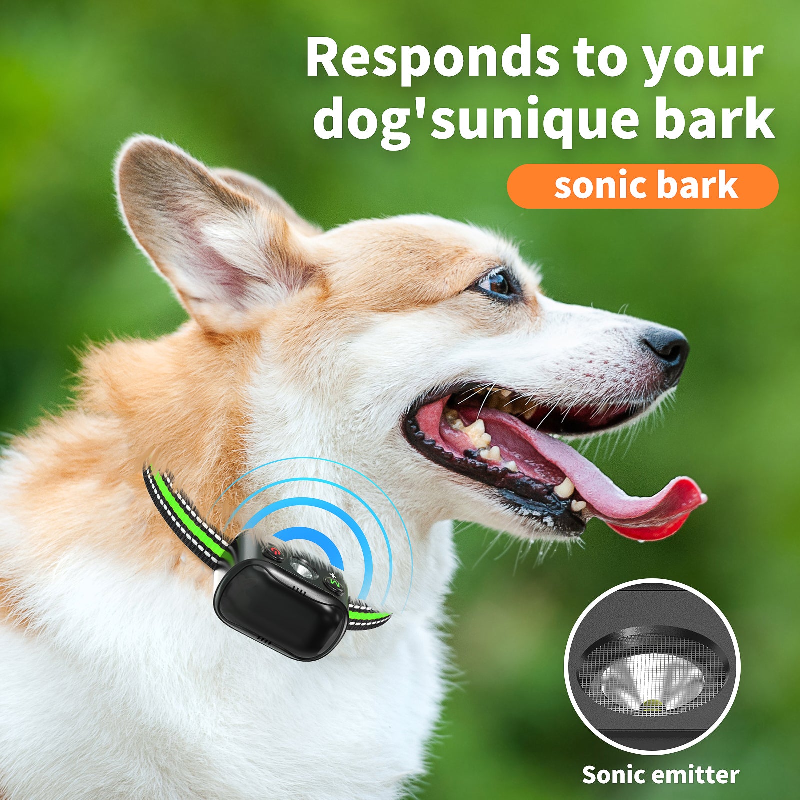PcEoTllar Ultrasonic Dog Bark Collar, Rechargeable Anti Barking Collar with Beep, Vibration & Ultrasonic for Small Medium Large Dogs (Green)