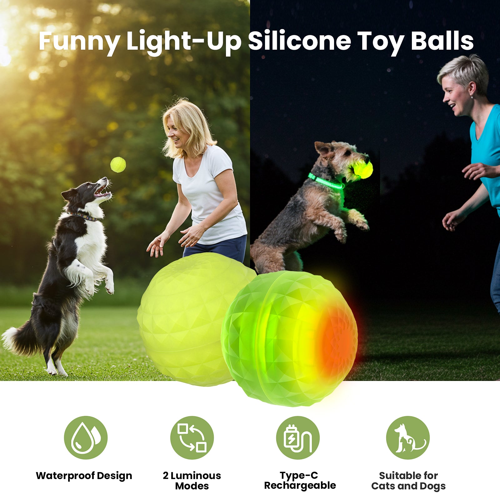 Light Up Dog Ball, Rechargeable LED Dog Toy Ball, Waterproof Durable Fetch Ball Grow in The Dark, Night Glowing Toy, Natural Rubber, Color Changing LED, Green