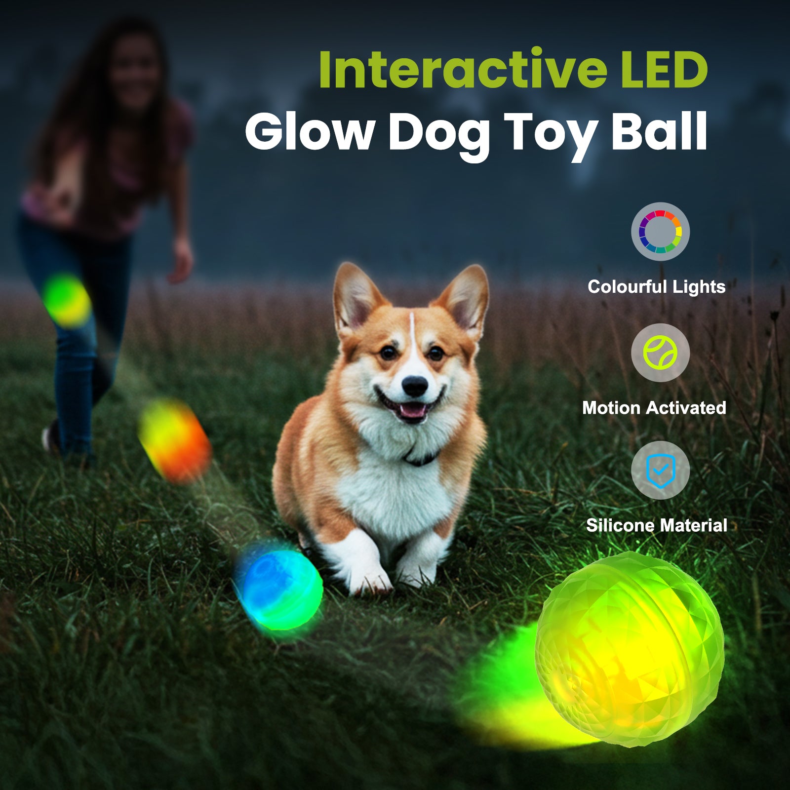Light Up Dog Ball, Rechargeable LED Dog Toy Ball, Waterproof Durable Fetch Ball Grow in The Dark, Night Glowing Toy, Natural Rubber, Color Changing LED, Green