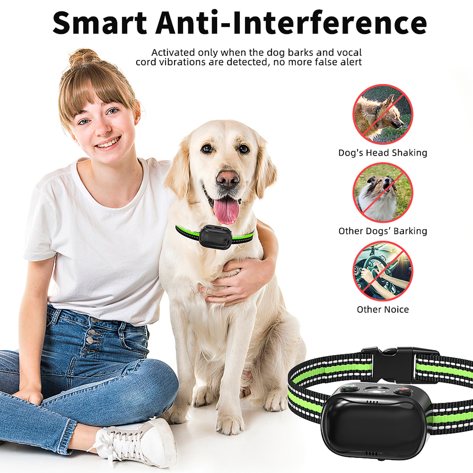 PcEoTllar Ultrasonic Dog Bark Collar, Rechargeable Anti Barking Collar with Beep, Vibration & Ultrasonic for Small Medium Large Dogs (Green)