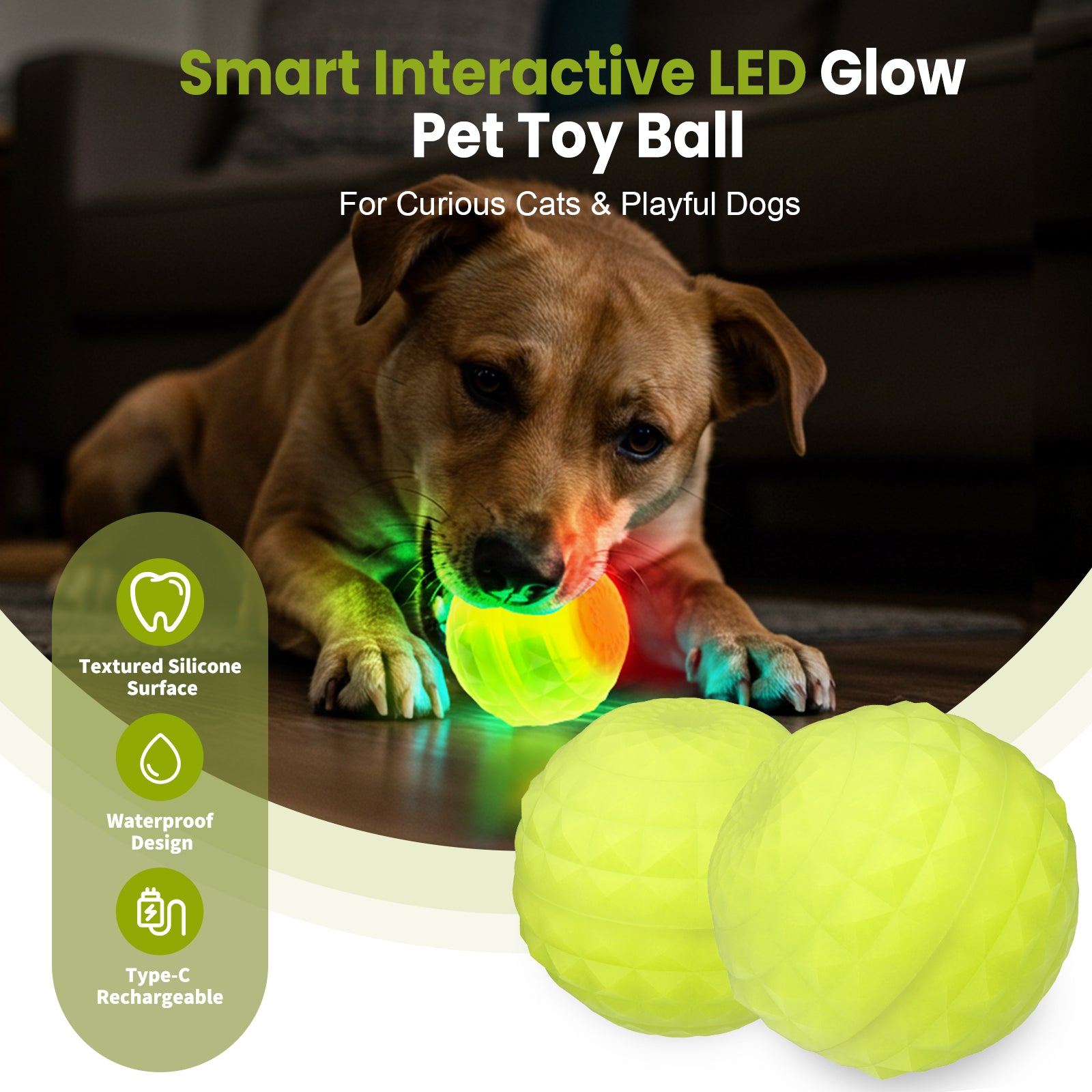 Light Up Dog Ball, Rechargeable LED Dog Toy Ball, Waterproof Durable Fetch Ball Grow in The Dark, Night Glowing Toy, Natural Rubber, Color Changing LED, Green