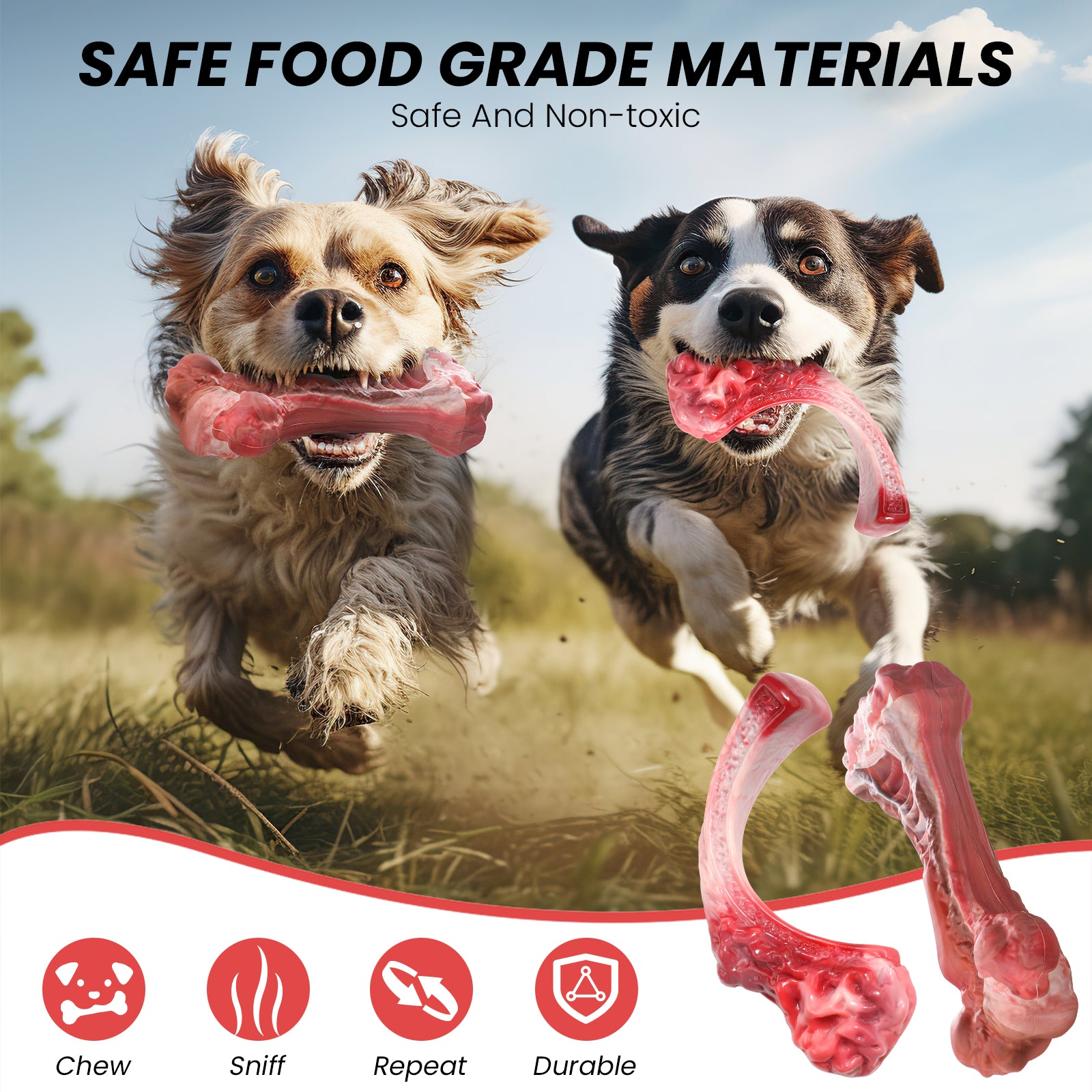 PcEoTllar Dog Toys for Aggressive Chewers, 1 Rubber & 1 Nylon Dog Chew Bones, Large, Pink, 2 Pack
