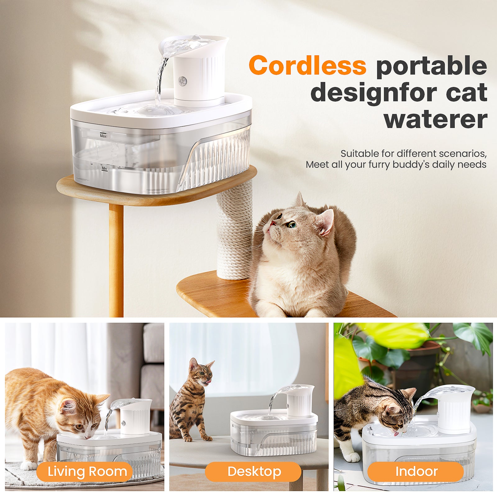 PcEoTllar Cat Water Fountain Battery Operated, 84OZ/2.5L Wireless Pet Water Fountain for Cats, Cat Fountain with Motion Sensor, Ultra Quiet Pump, White
