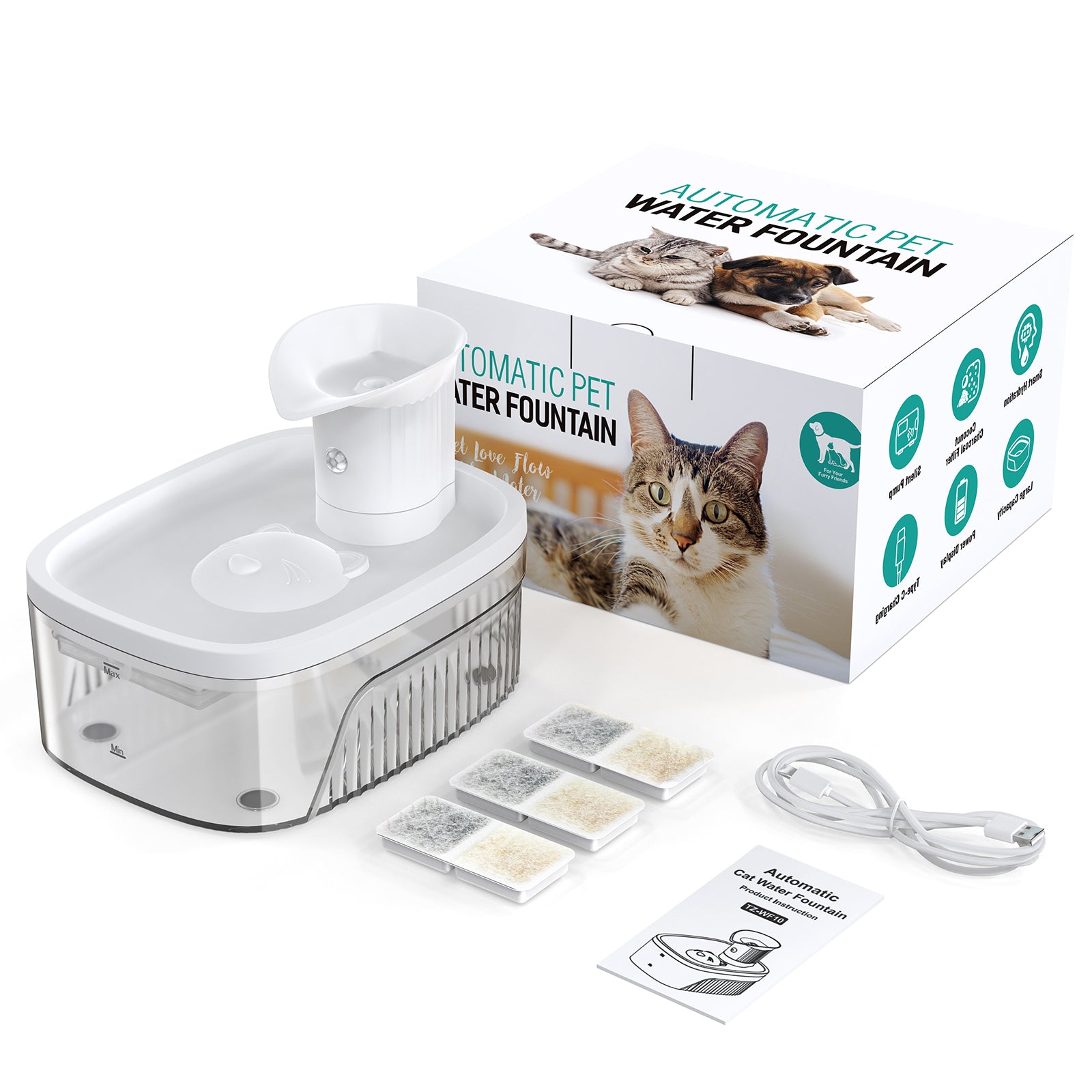 PcEoTllar Cat Water Fountain Battery Operated, 84OZ/2.5L Wireless Pet Water Fountain for Cats, Cat Fountain with Motion Sensor, Ultra Quiet Pump, White