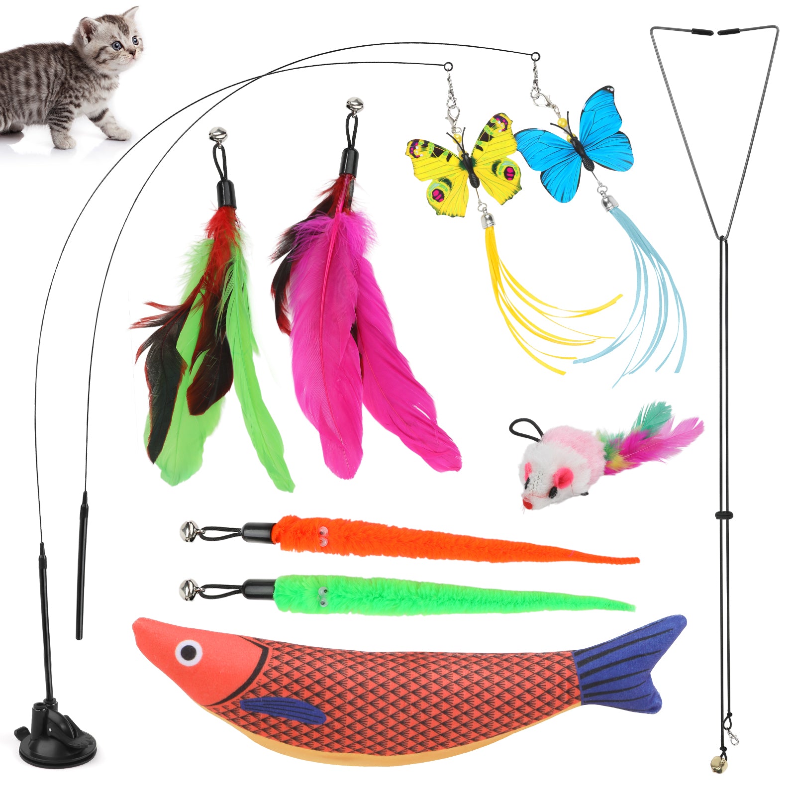 PcEoTllar Cat Toys Interactive for Indoor Cats, 13 Pcs Durable Fishing Pole Cats Feathers Toys, Cat Toys Saury Fish, Enhanced Suction Cup Cats Wand Toy, Door Hanging Cat String Toys for Indoor Kitten