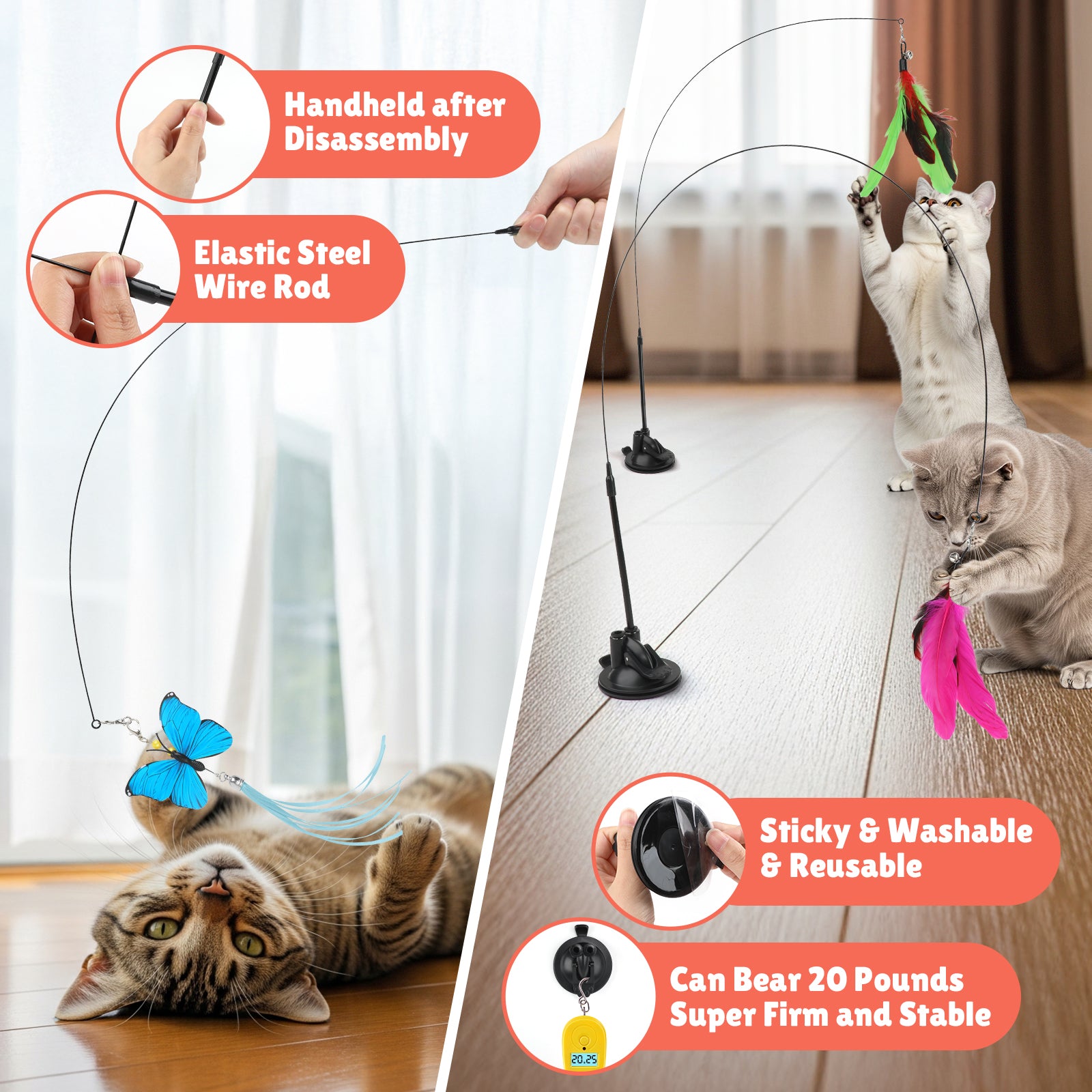 PcEoTllar Cat Toys Interactive for Indoor Cats, 13 Pcs Durable Fishing Pole Cats Feathers Toys, Cat Toys Saury Fish, Enhanced Suction Cup Cats Wand Toy, Door Hanging Cat String Toys for Indoor Kitten