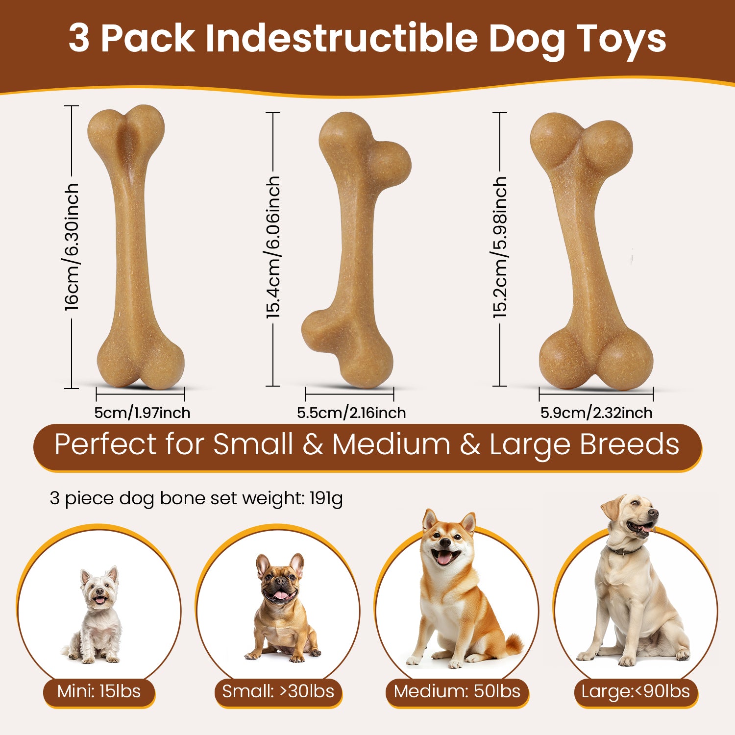 3 Pack Dog Toys for Aggressive Chewers, Nylon Dog Chew Toy, Teething Bones for Large Small Medium Dogs