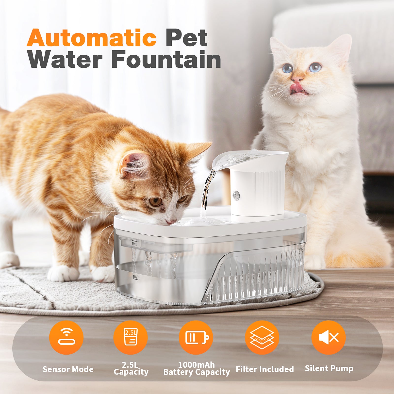 PcEoTllar Cat Water Fountain Battery Operated, 84OZ/2.5L Wireless Pet Water Fountain for Cats, Cat Fountain with Motion Sensor, Ultra Quiet Pump, White