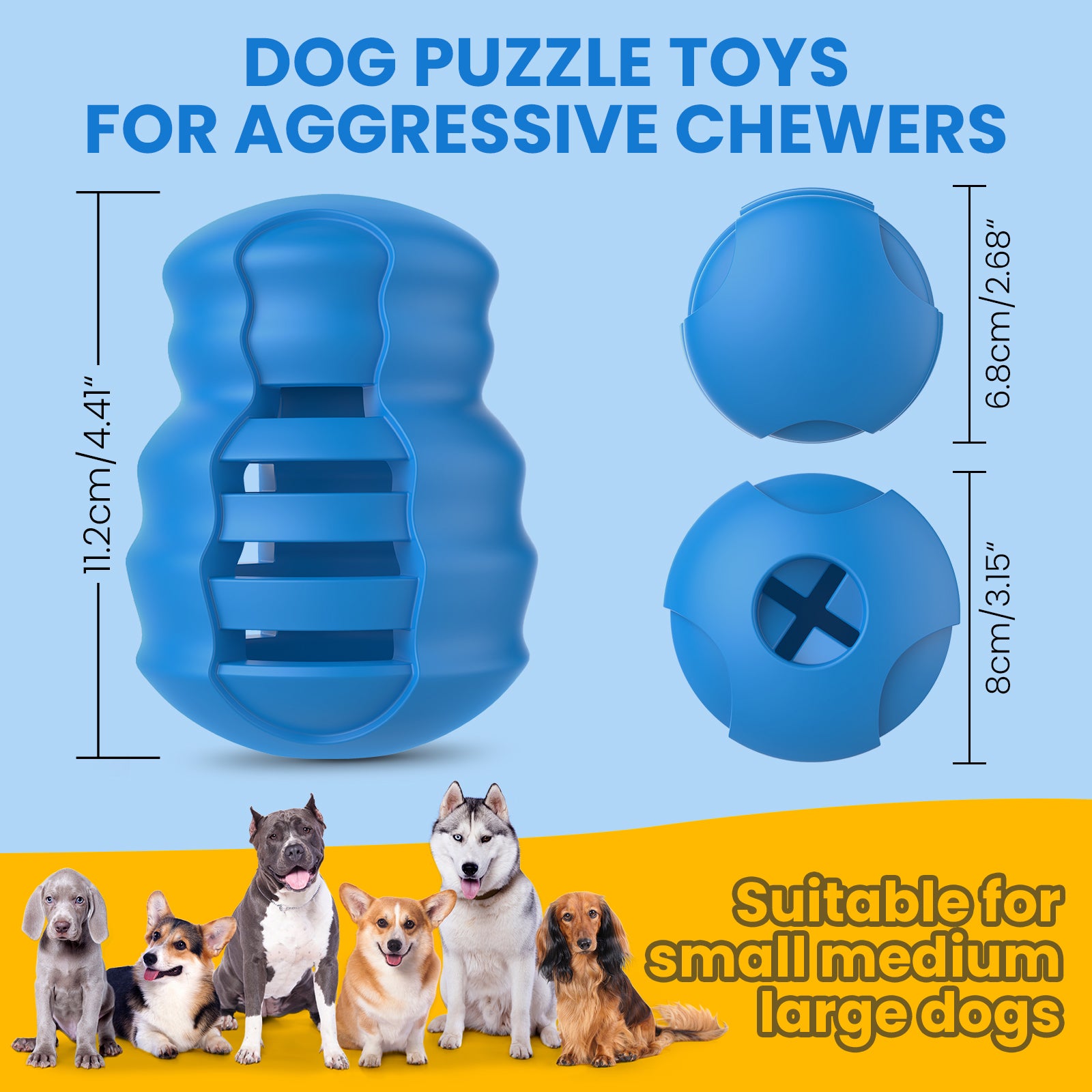 PcEoTllar Dog Chew Toys for Aggressive Chewers, Beef-Flavored Rubber Treat Dispensing Puzzle Toy for Medium & Large Dogs, Blue