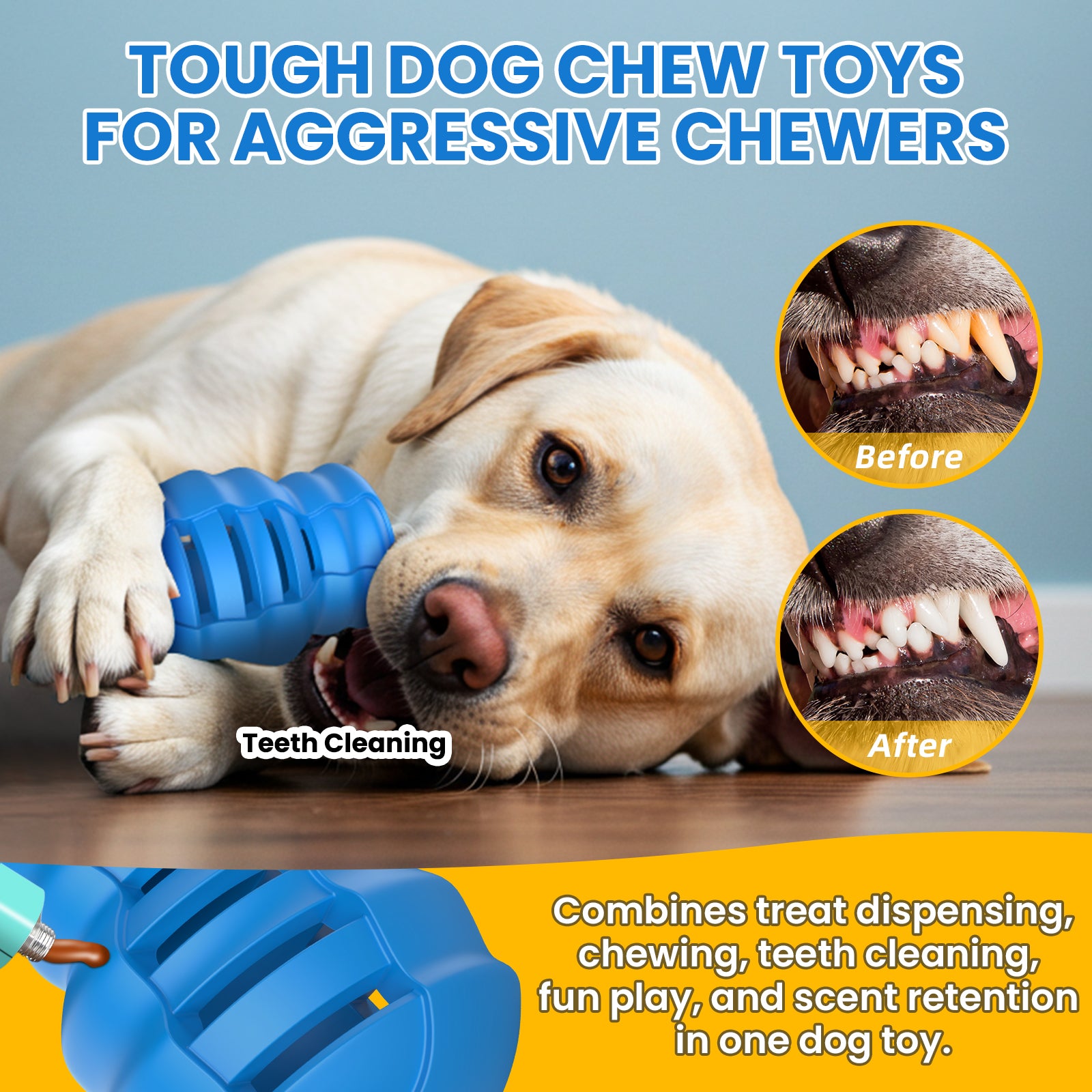 PcEoTllar Dog Chew Toys for Aggressive Chewers, Beef-Flavored Rubber Treat Dispensing Puzzle Toy for Medium & Large Dogs, Blue