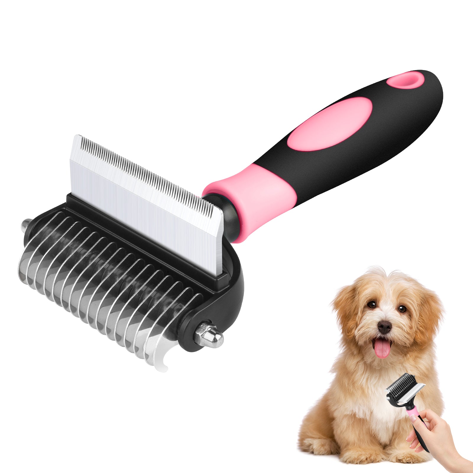 PcEoTllar Dog Grooming Hair Brush, 2 in 1 Pet Undercoat Rake Deshedding Grooming Tool for Dogs & Cats