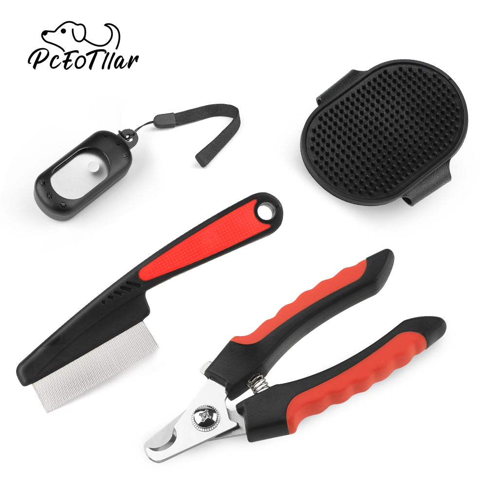 PcEoTllar 4-in-1 Complete Professional Dog Grooming Kit - Nail Clippers, Stainless Steel Comb, Pet Training Clicker with Wrist Strap, Pet Bath Brush for Pet